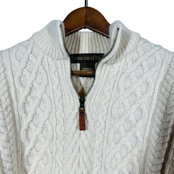 Inis Crafts Leather Tab Merino Wool Sweater Nordic Cable Knit Cream Thick Knit L - Picture 2 of 6
